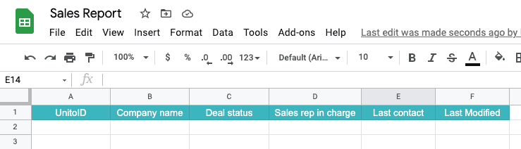En-tête de tableau ou ligne d'en-tête dans Google Sheets. La première ligne indique à Unito comment identifier les champs de Trello