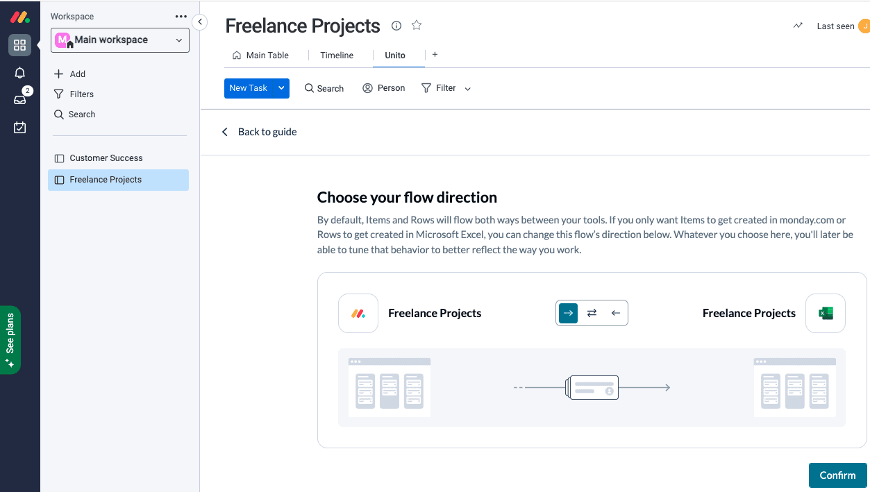 Capture d'écran de la définition d'un sens de flux dans Unito pour décider où les tâches monday.com ou les lignes Excel seront automatiquement créées et synchronisées