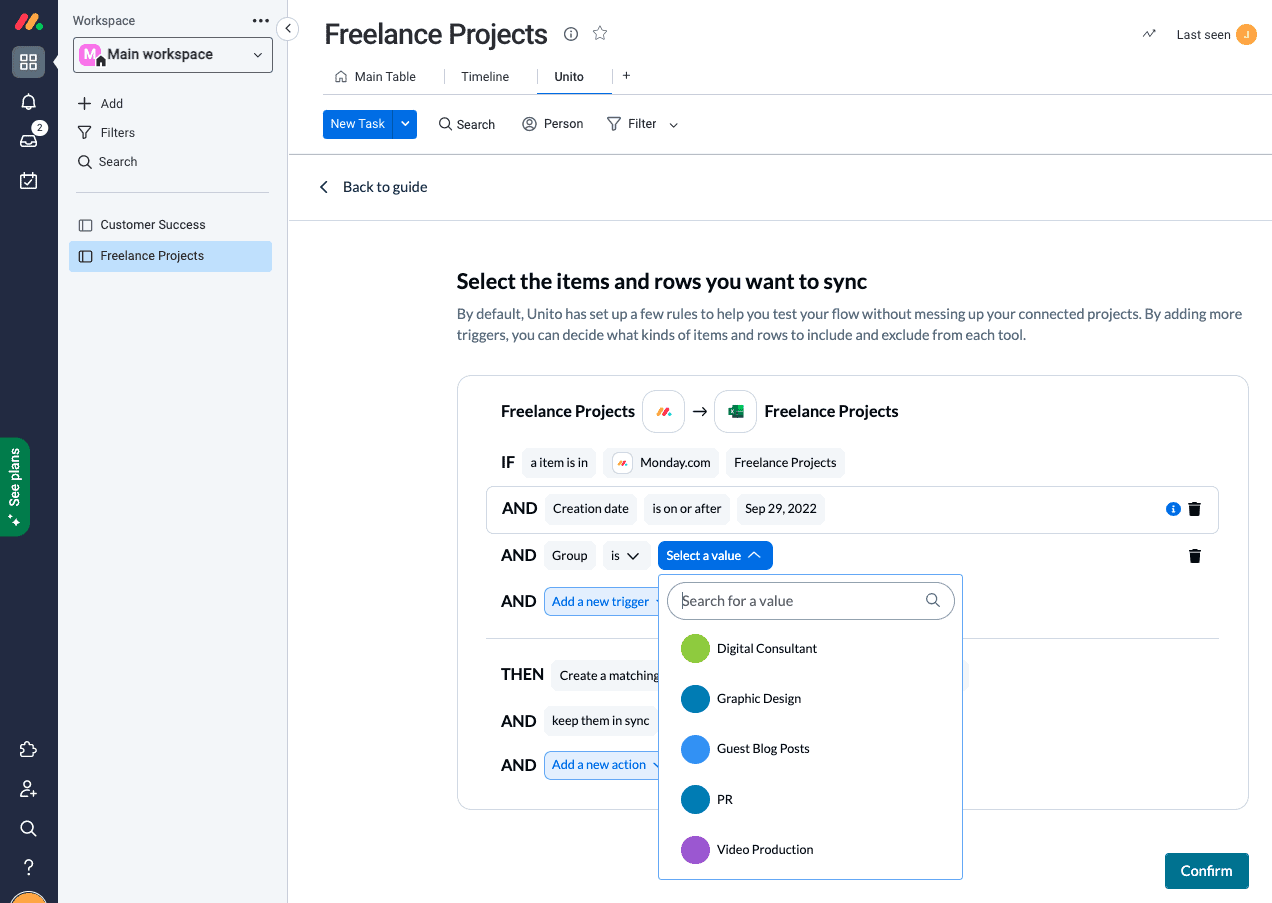 Capture d'écran de la définition de règles pour filtrer les données entre monday.com et Microsoft Excel