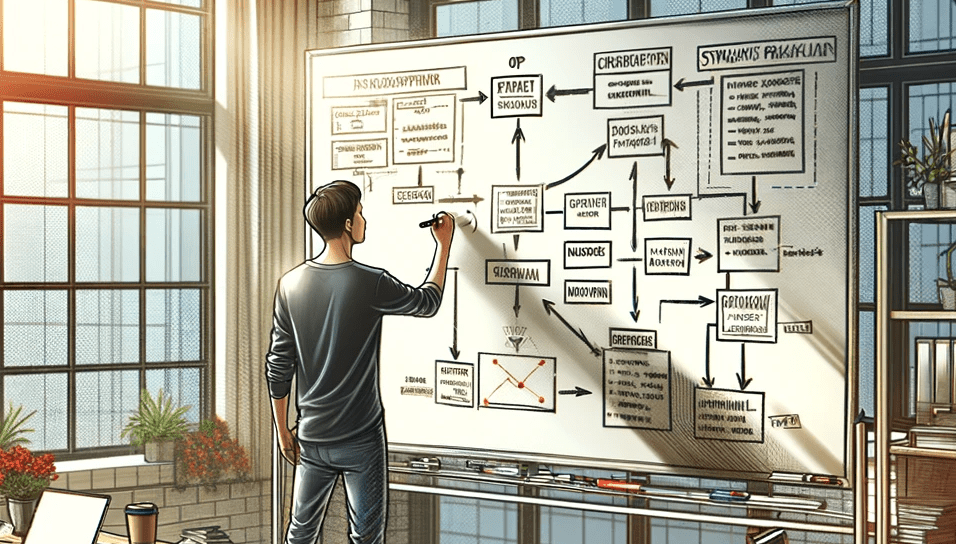 Illustration d'un homme assis à un tableau, structurant son travail.