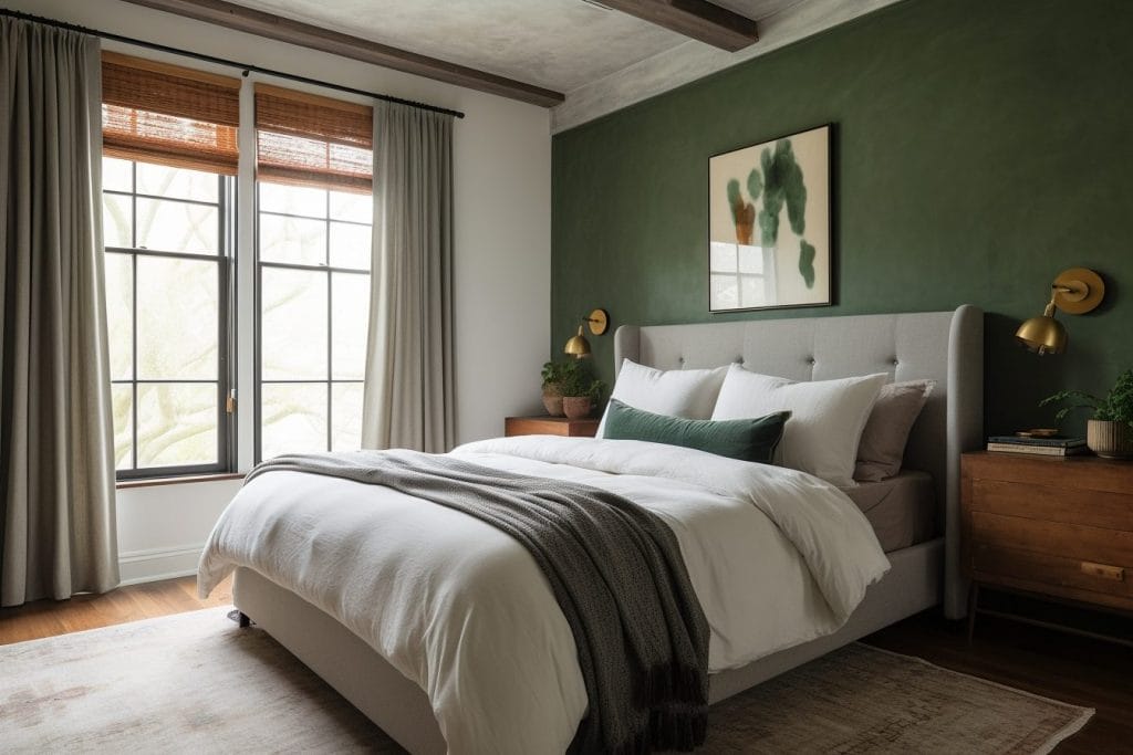 Décoration intérieure de chambre de ferme moderne avec un mur d'accent vert, par Decorilla