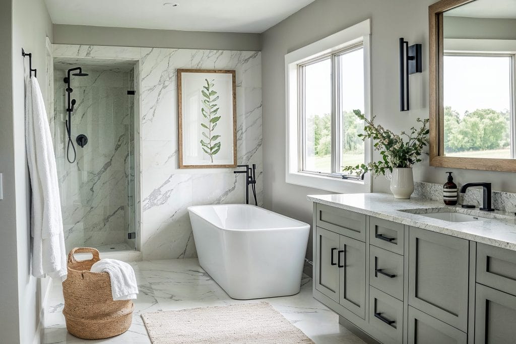 Une palette de couleurs neutres avec des accents de gris sauge dans une salle de bain par Decorilla