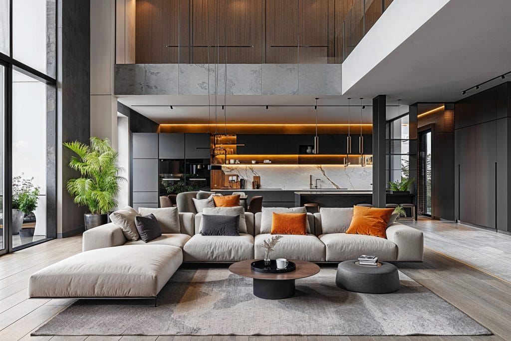 Le gris ardoise et le charbon de bois équilibrent cet espace chic de Decorilla