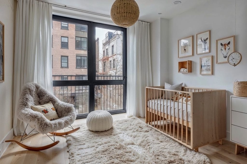 Des textures douces et une palette apaisante définissent ce design de chambre d'enfant neutre de Decorilla