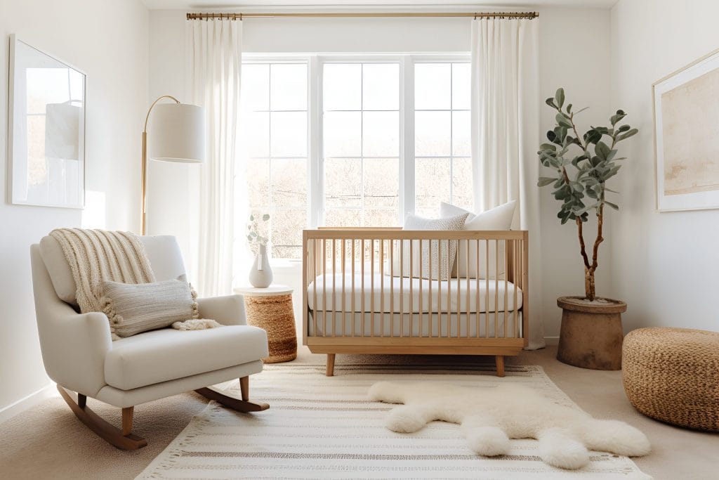 Tons de bois chauds dans une chambre de bébé neutre par Decorilla