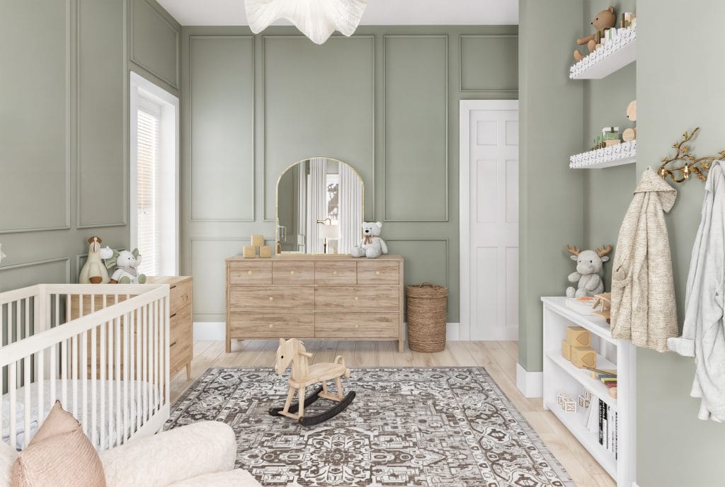 Conception de chambre de bébé neutre vert sauge par Decorilla