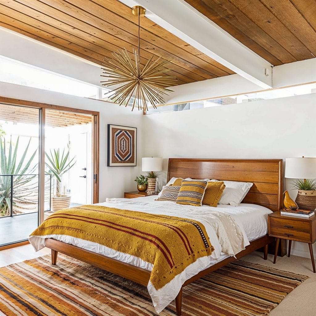 Un design de chambre vintage et confortable avec des textures superposées et un éclairage d'accentuation, par Decorilla