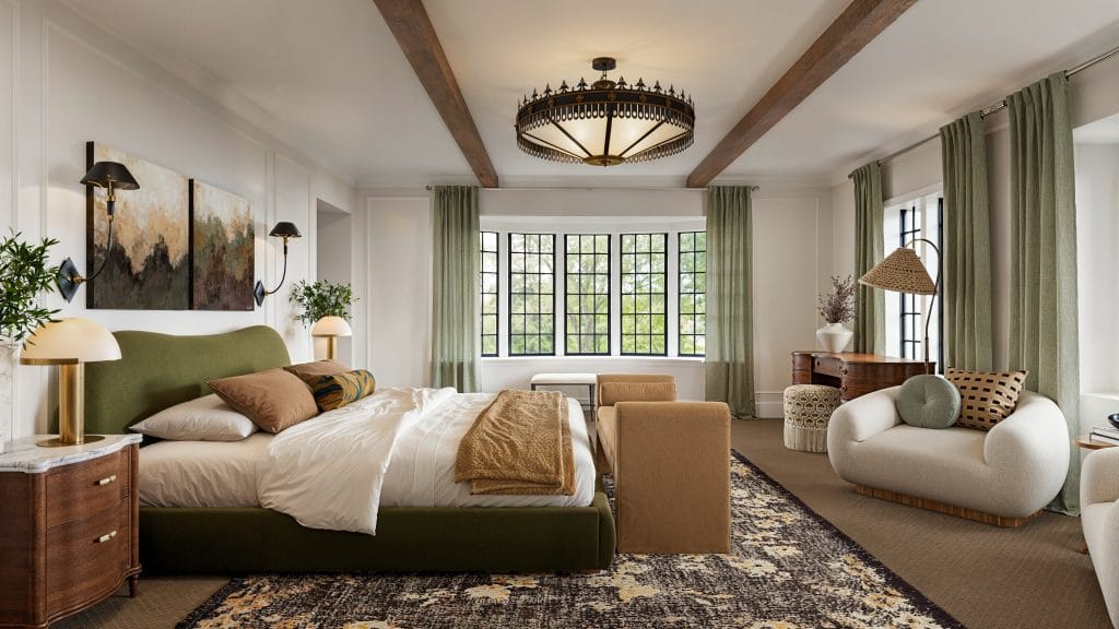 Des meubles intemporels associés à des accents audacieux dans une chambre au design vintage moderne de Decorilla