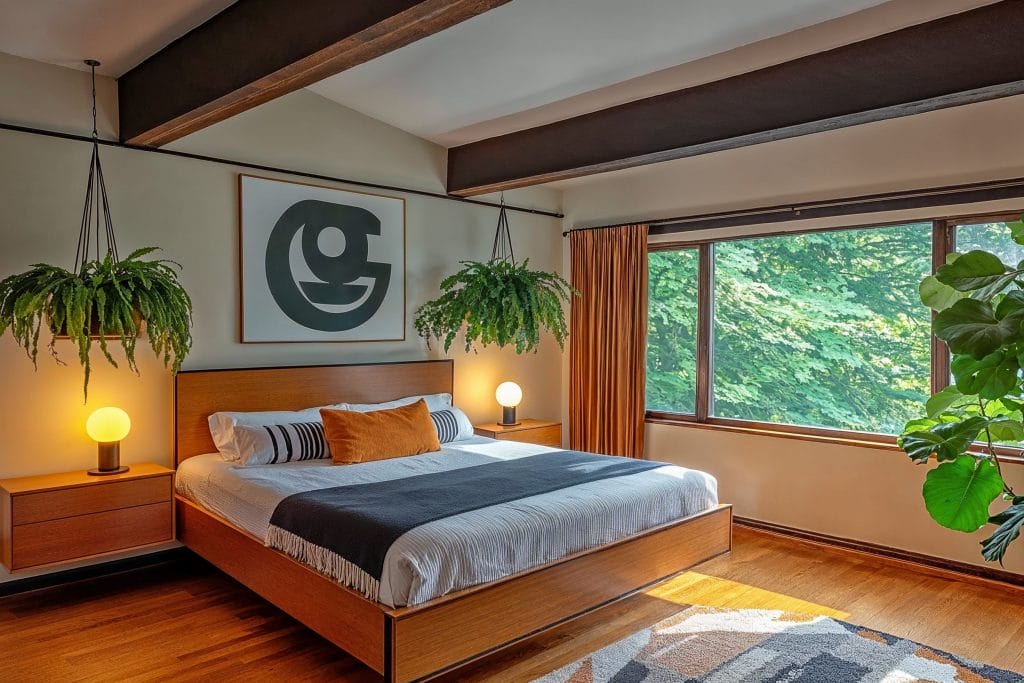 Conception de chambre à coucher du milieu du siècle avec verdure intérieure par DECORILLA