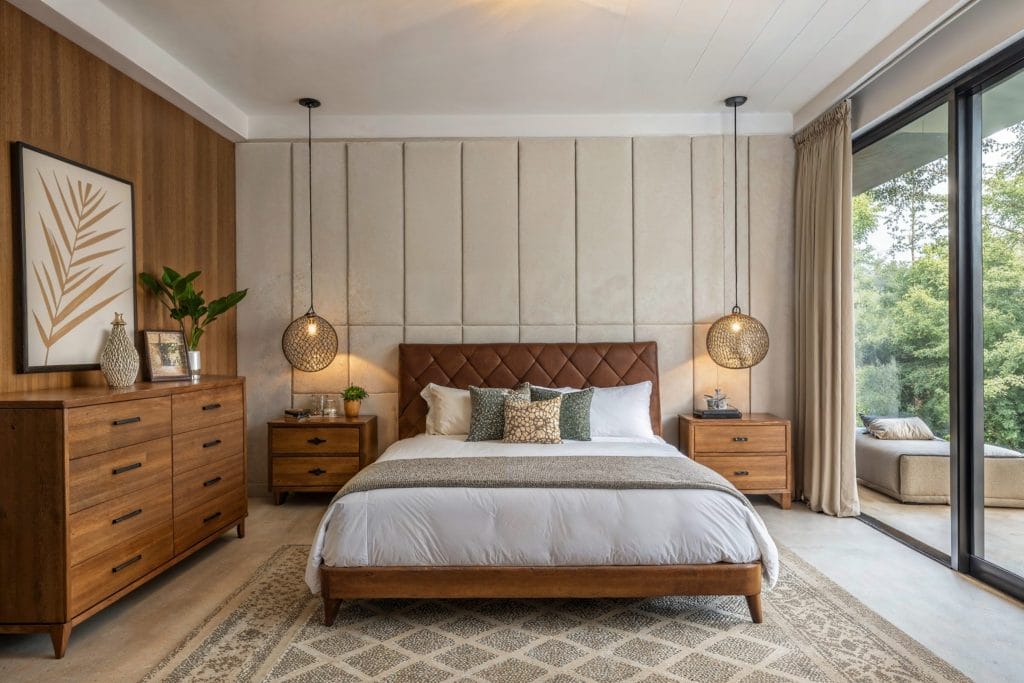 Inspiration glamour et maussade pour une chambre moderne du milieu du siècle par DECORILLA