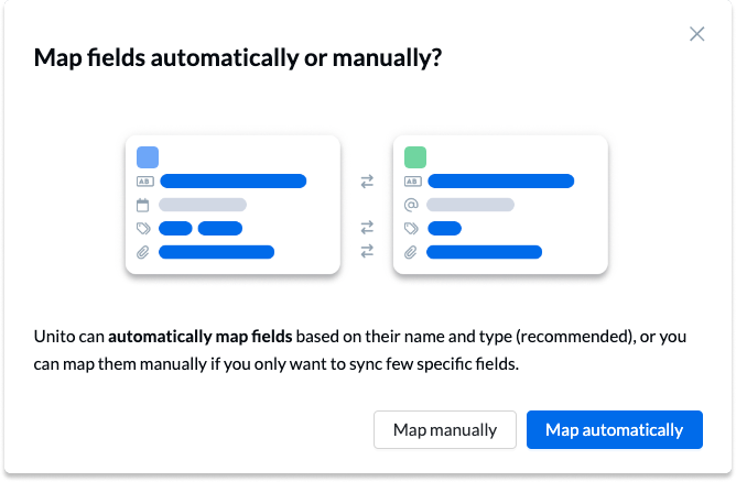 Une capture d'écran des champs de carte a automatiquement ou manuellement écran dans unito.