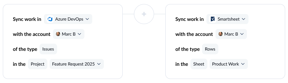 Une capture d'écran de l'écran Flow Builder dans Unito, montrant Azure DevOps et SmartSheet connectées.