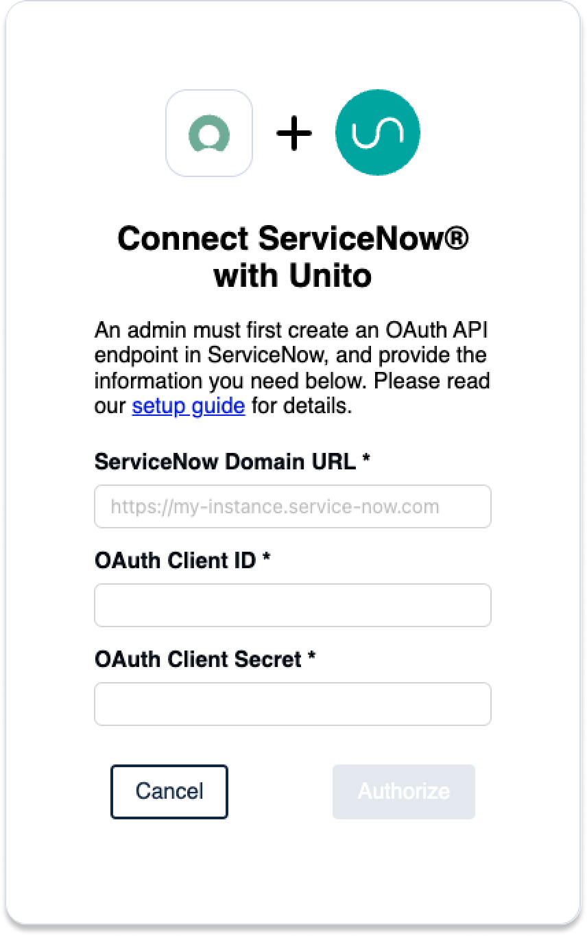 Une capture d'écran de l'écran de connexion de l'outil dans UNITO, pour connecter ServiceNow.