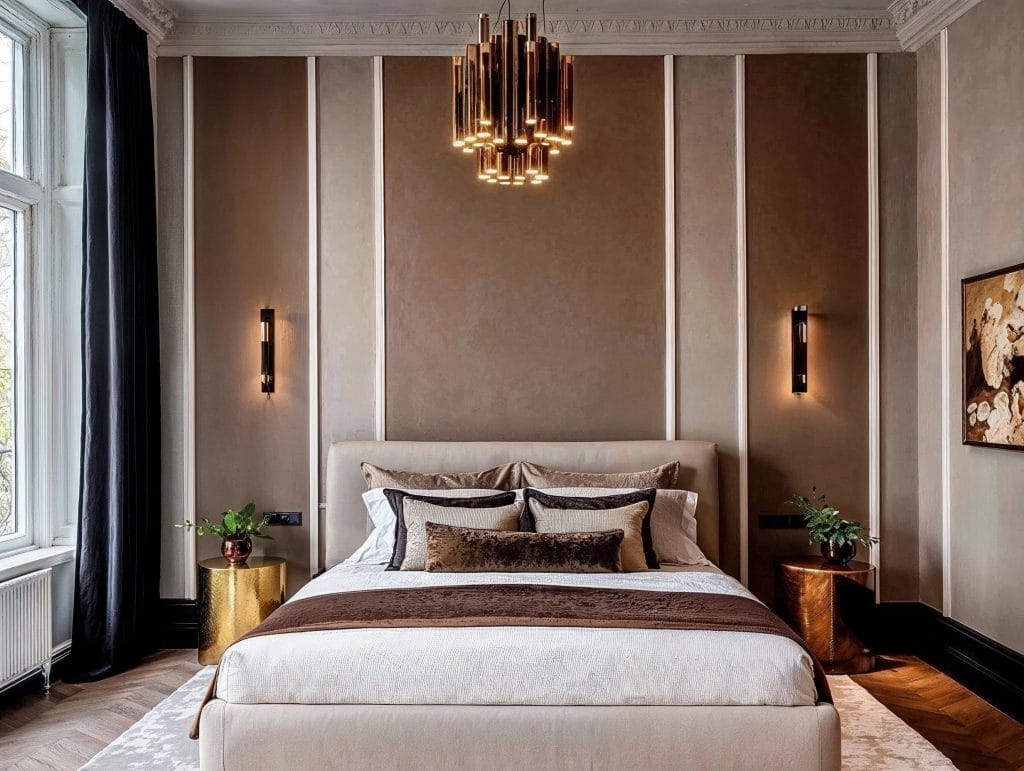 Les couleurs de chambre relaxantes encadrent un lit à verse rembourré à l'intérieur de Decorilla