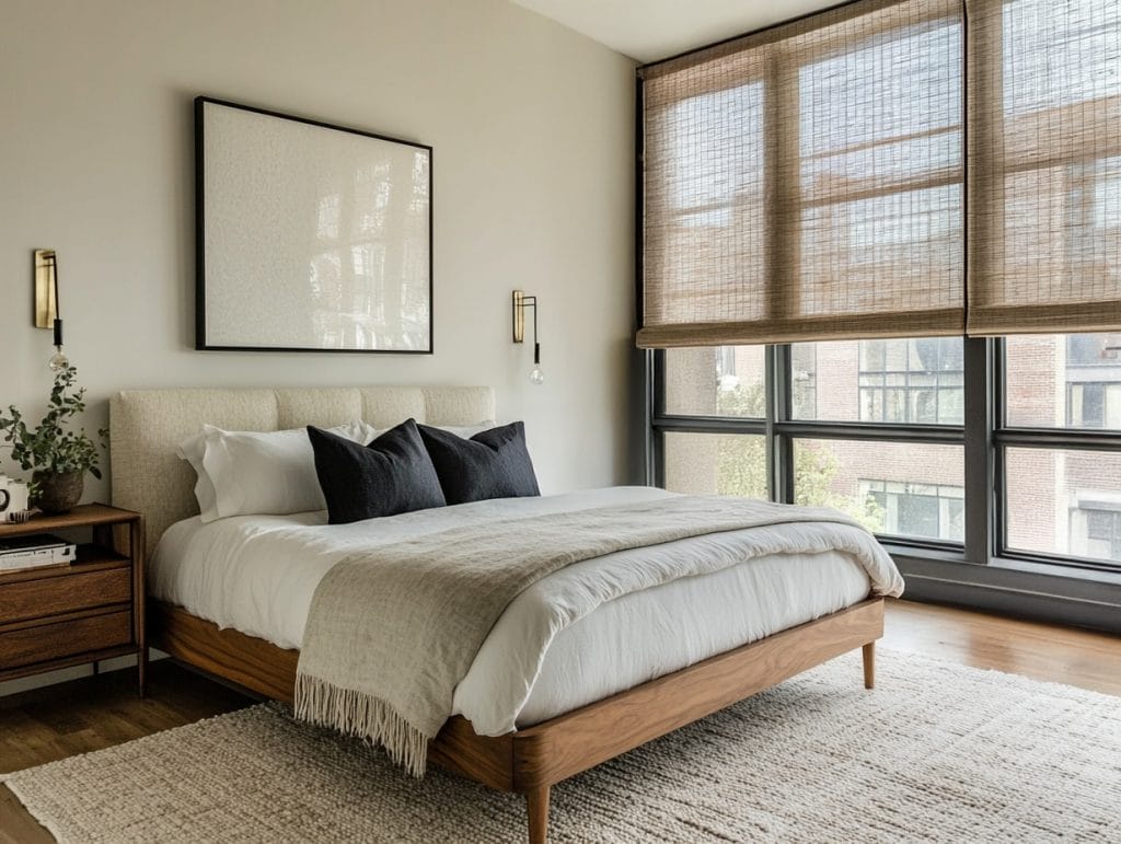 Une pièce neutre avec des couleurs de chambre apaisantes par le créateur de Decorrilla Matthew J.