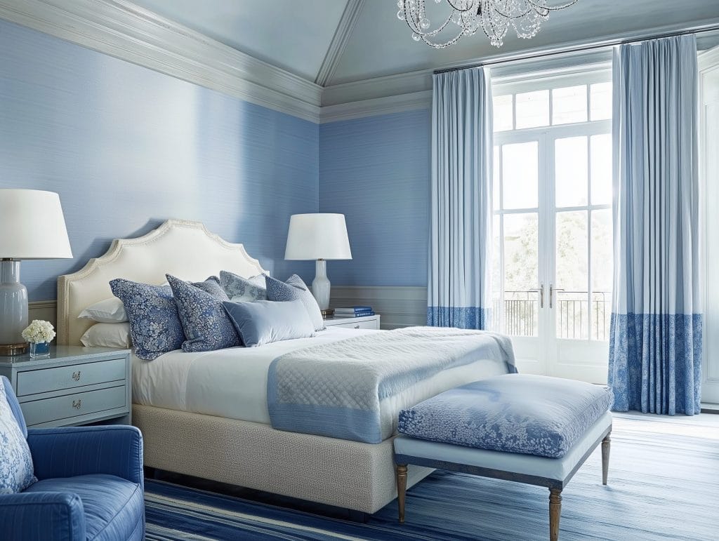 Couleurs de chambre relaxantes équilibrant les tons bleus dans une pièce conçue par Decorilla