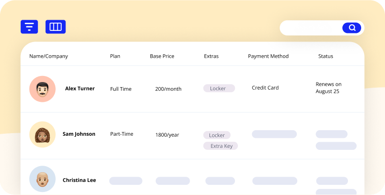 Table illustré montrant des membres de coworking avec des noms, des plans, des prix, des méthodes de paiement et des dates de renouvellement.