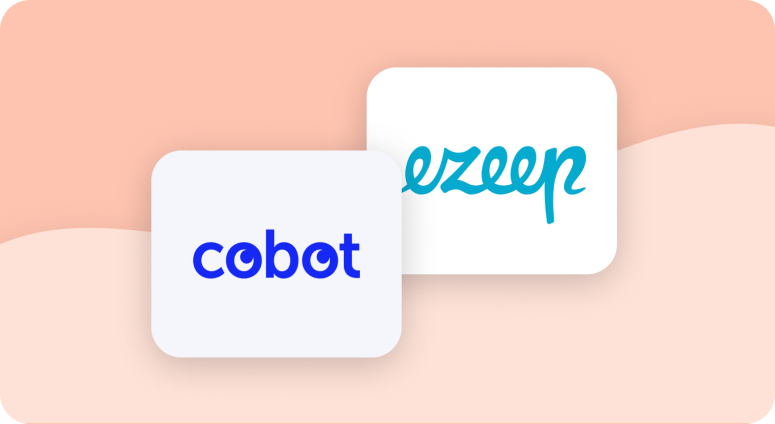 Logos de Cobot et Ezeep côte à côte sur un fond de pêche, symbolisant l'intégration entre les plates-formes.