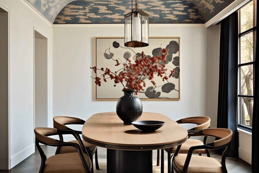 Fond d'écran sur un plafond en baril d'une élégante salle à manger par décoroulla