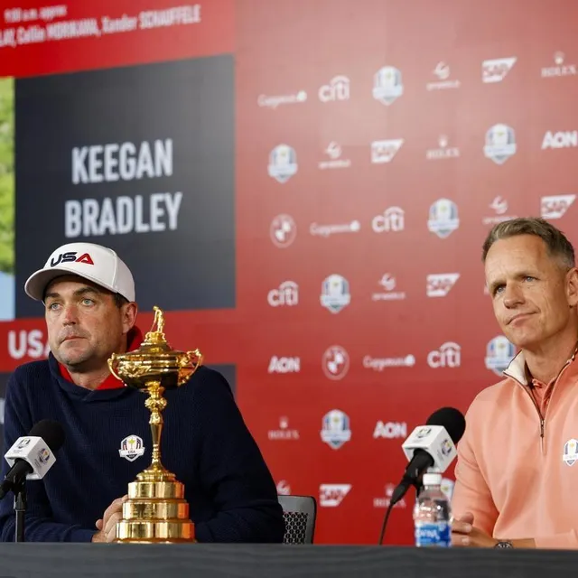 Keegan Bradley et Luke Donald, capitaines respectifs des sélections américaines et européennes pour la Ryder Cup 2025. Getty Images via AFP photo keegan bradley et luke donald, capitaines respectifs des sélections américaines et européennes pour la ryder cup 2025. © getty images via afp