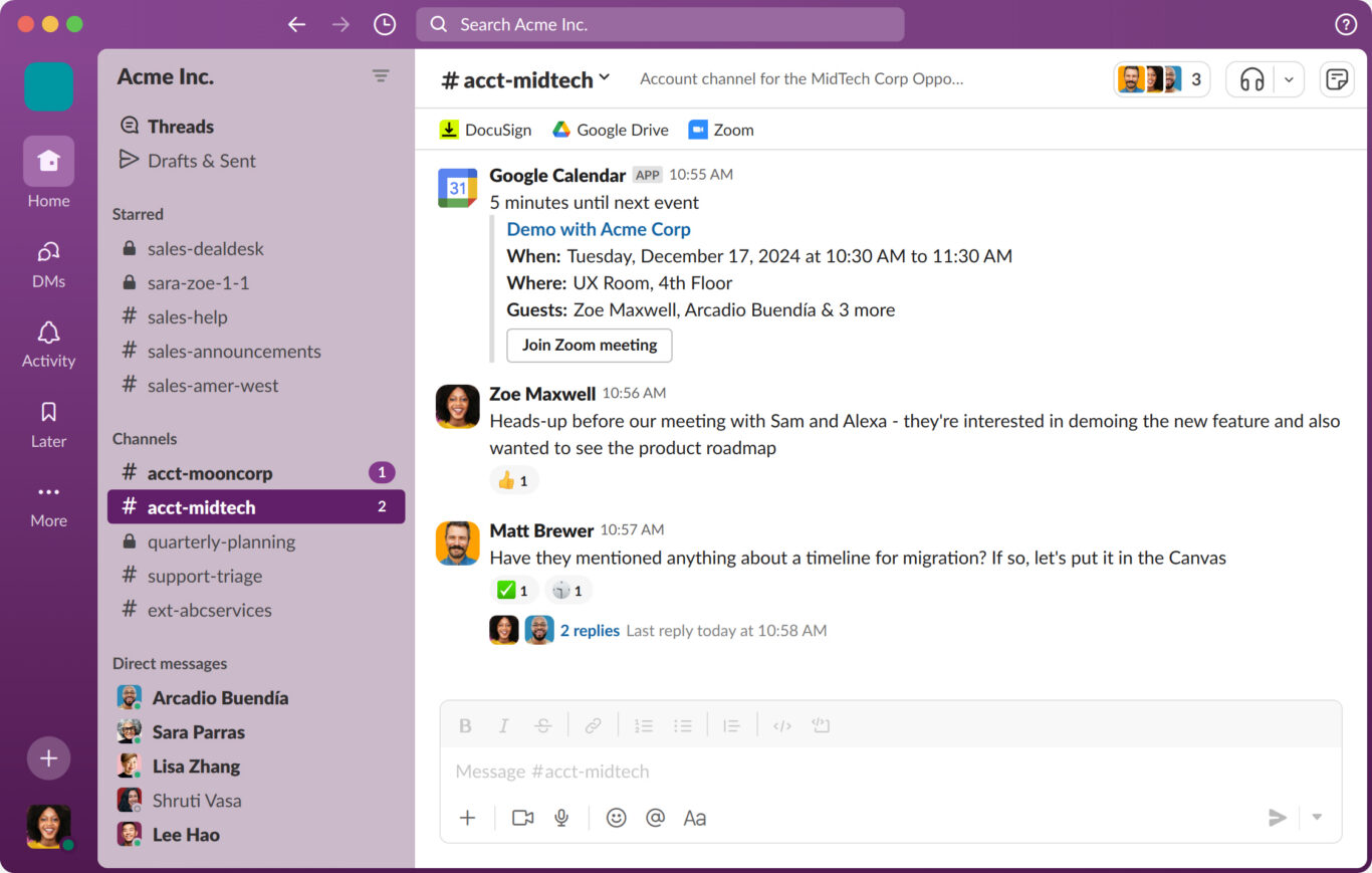 Une capture d'écran de Slack, une application de chat populaire.