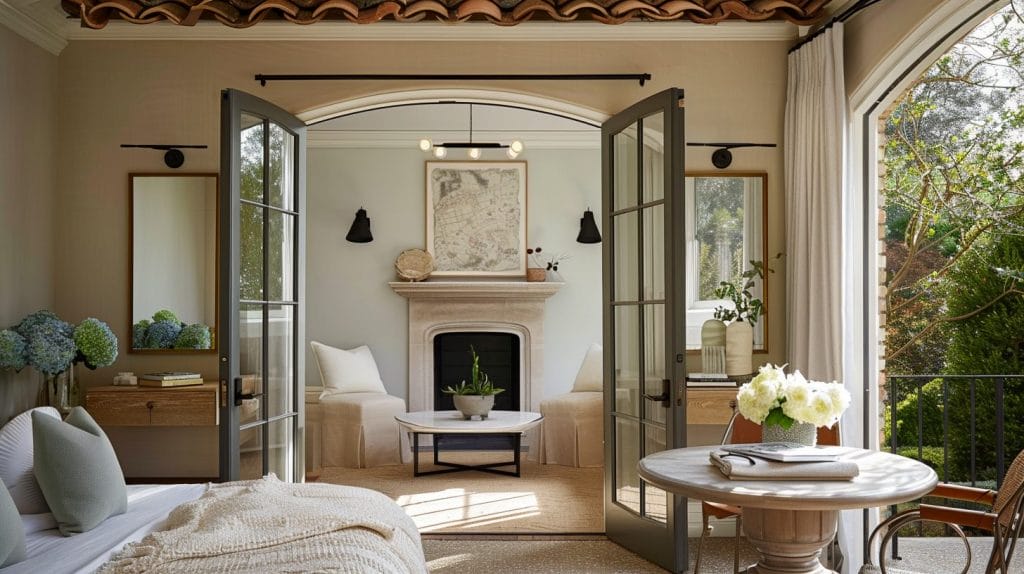 Conception de chambre à coucher transitionnelle avec une table antique d'accent par Decorilla