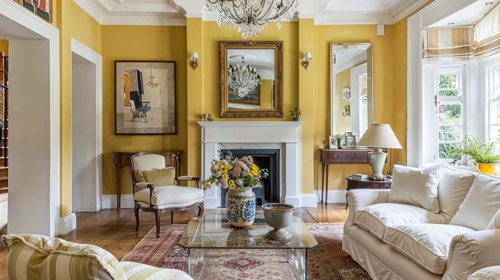La table en verre moderne s'impose dans un salon traditionnel par Decorilla