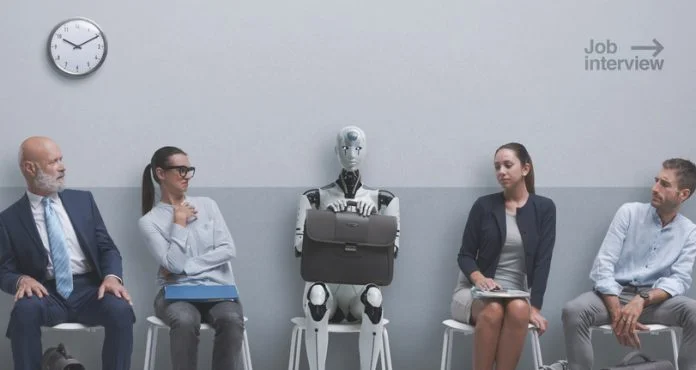 Les candidats regardent le candidat robot et attendent l'entretien d'embauche Préparation aux entretiens IA